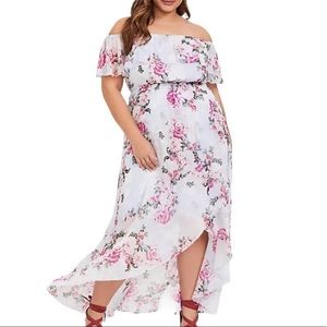 New, never worn off the shoulder hi-lo wrap style dress.